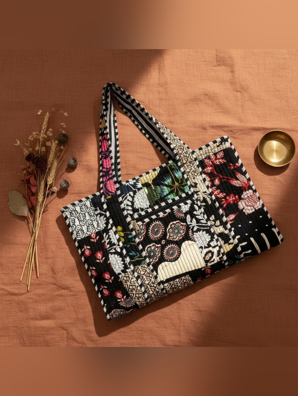 Black multicolored Quilted Cotton Handmade Patchwork Floral Tote Bag-Small
